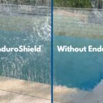 Split image comparing glass pool fence clarity with and without EnduroShield protective coating.